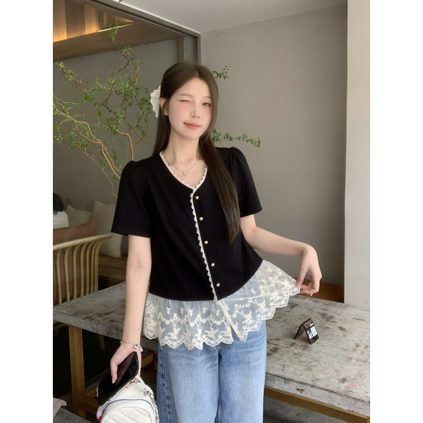 Plus Size Korean Lace Hem Blouse