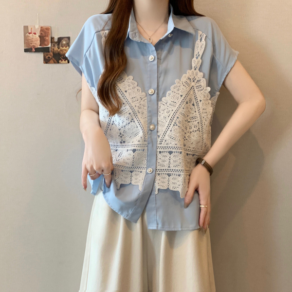 Plus Size Korean Lace Layer Button Shirt Blouse