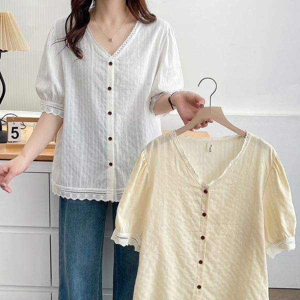 Plus Size Korean Loose V Neck Short Sleeve Blouse