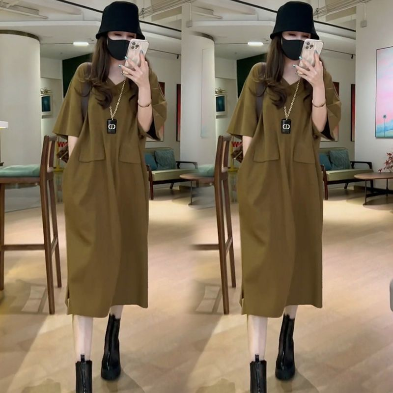 Plus Size Korean Minimalist V Neck Midi Dress