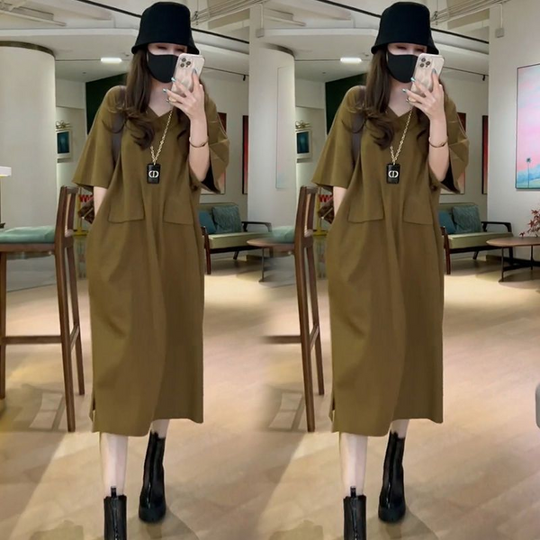 Plus Size Korean Minimalist V Neck Midi Dress