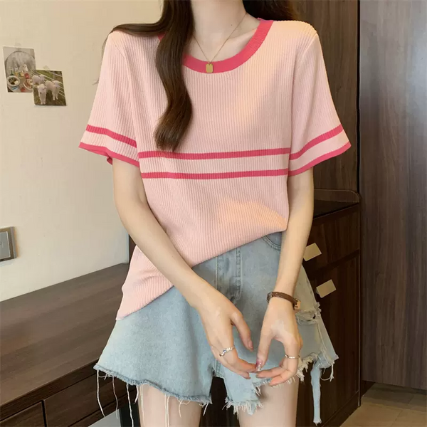 Plus Size Korean Pink Knit Tee