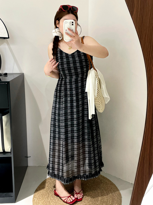 Plus Size Korean Plaid Camisole Dress