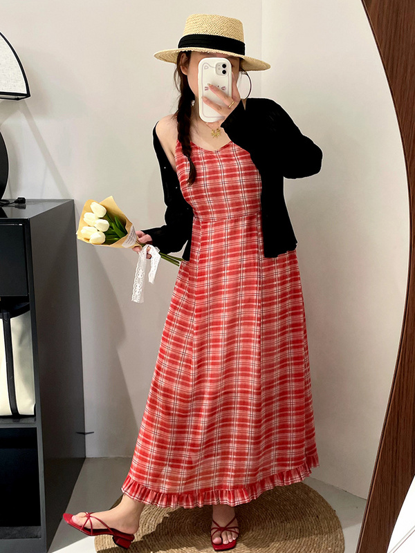 Plus Size Korean Plaid Camisole Dress