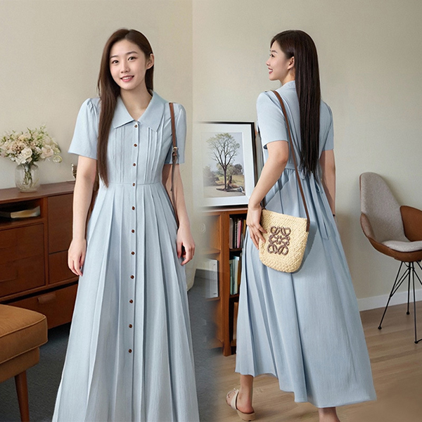 Plus Size Korean Pleat Button Down Short Sleeve Shirt Dress