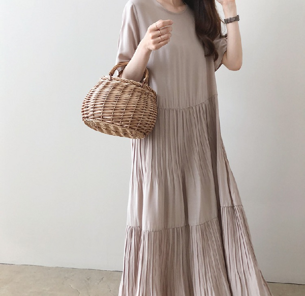 Plus Size Korean Pleat Short Sleeve Midi Dress