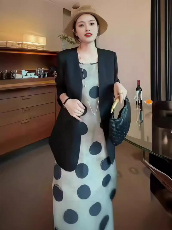 Plus Size Korean Polka Dots Dress And Blazer Set