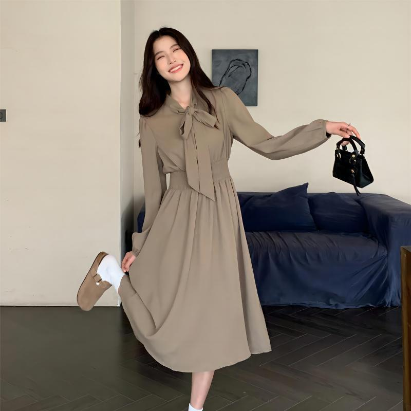 Plus Size Korean Pussybow Long Sleeve Dress