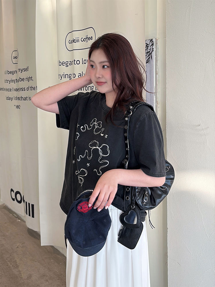 Plus Size Korean Ribbon Acid Wash Oversized Tee