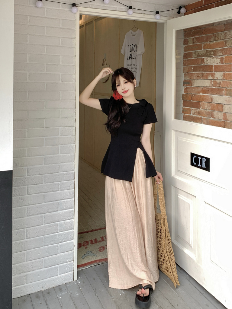 Plus Size Korean Ribbon Blouse And Wide Leg Pants Set