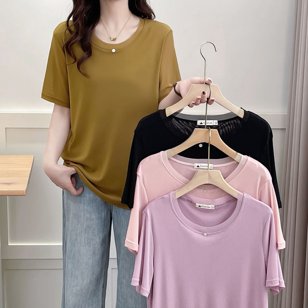 Plus Size Korean Round Neck Cooling Short Sleeve Blouse