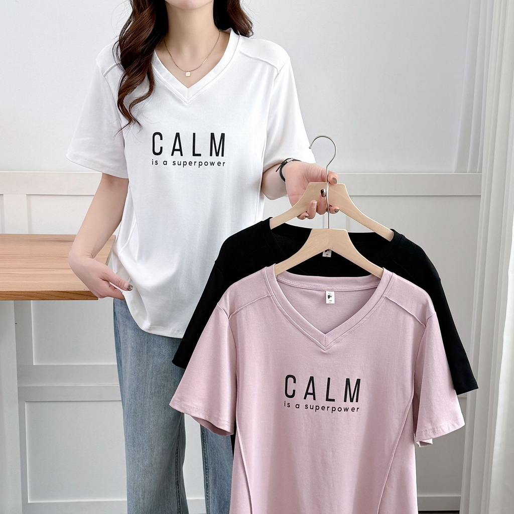 Plus Size Korean Slogan V Neck T Shirt