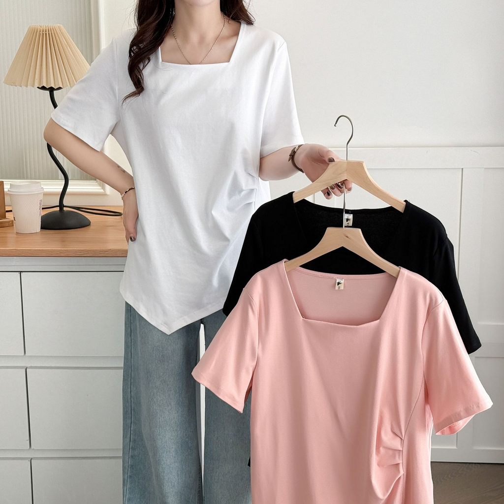 Plus Size Korean Square Neck Asymmetric Hem Tee