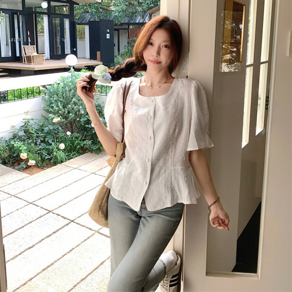 Plus Size Korean Square Neck Peplum Blouse