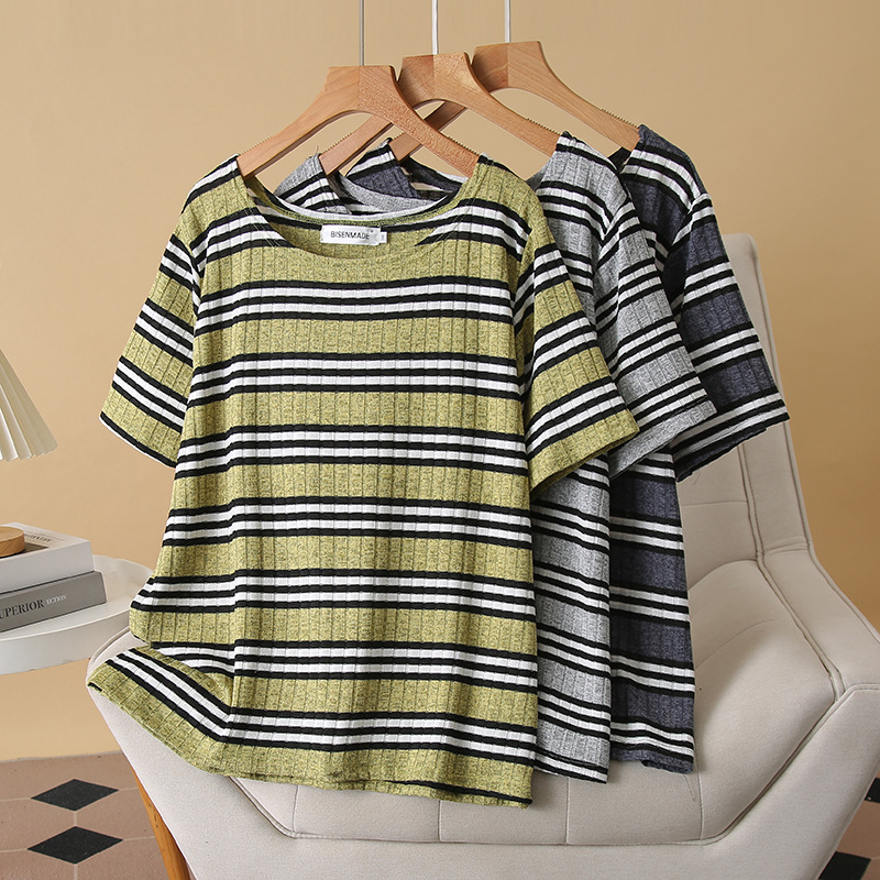 Plus Size Korean Stripe Wide Neck Short Sleeve T Shirt