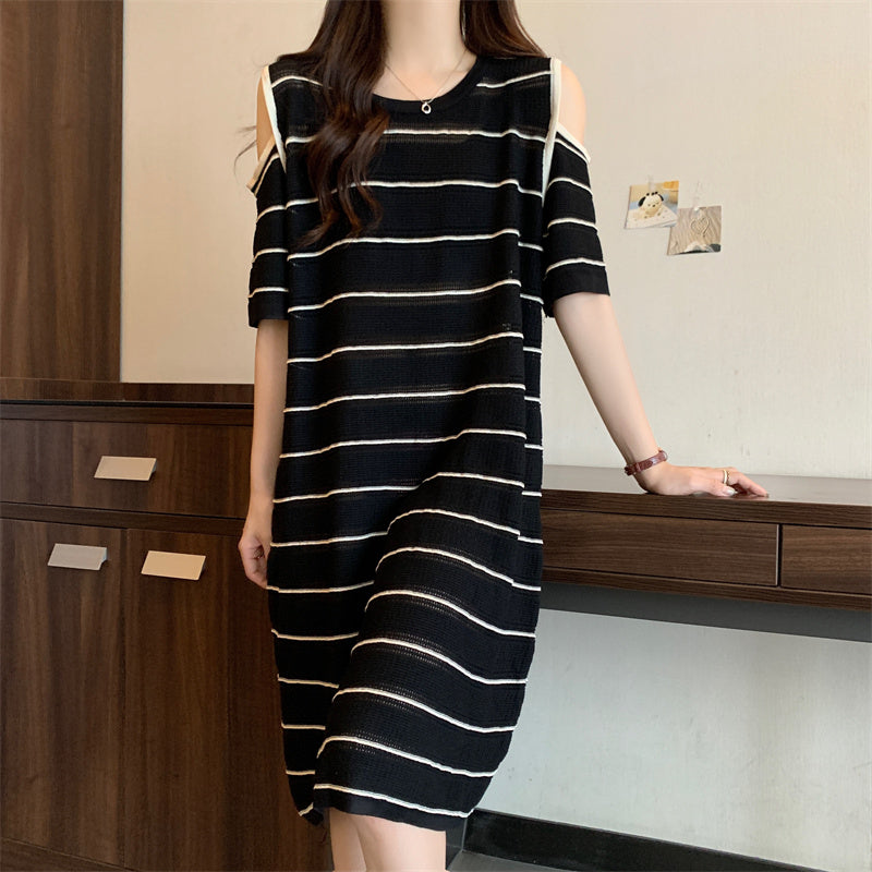 korean off shoulder dresses Plus Size Korean Knit Stripes Off Shoulder Dress – Pluspreorder