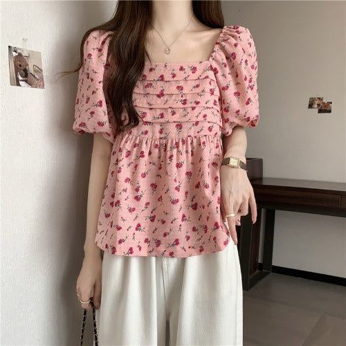 Plus Size Korean Pink Rose Square Neck Babydoll Blouse