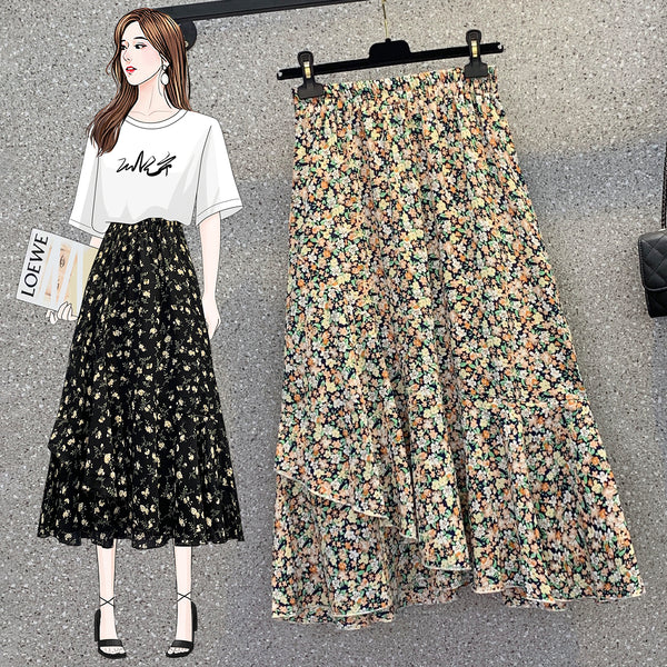 Plus Size Korean Ditsy Floral Frills Midi Skirt