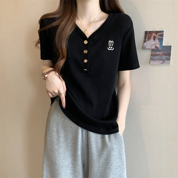 Plus Size Korean Rabbit Embroidery Henley T Shirt Top &nbsp;