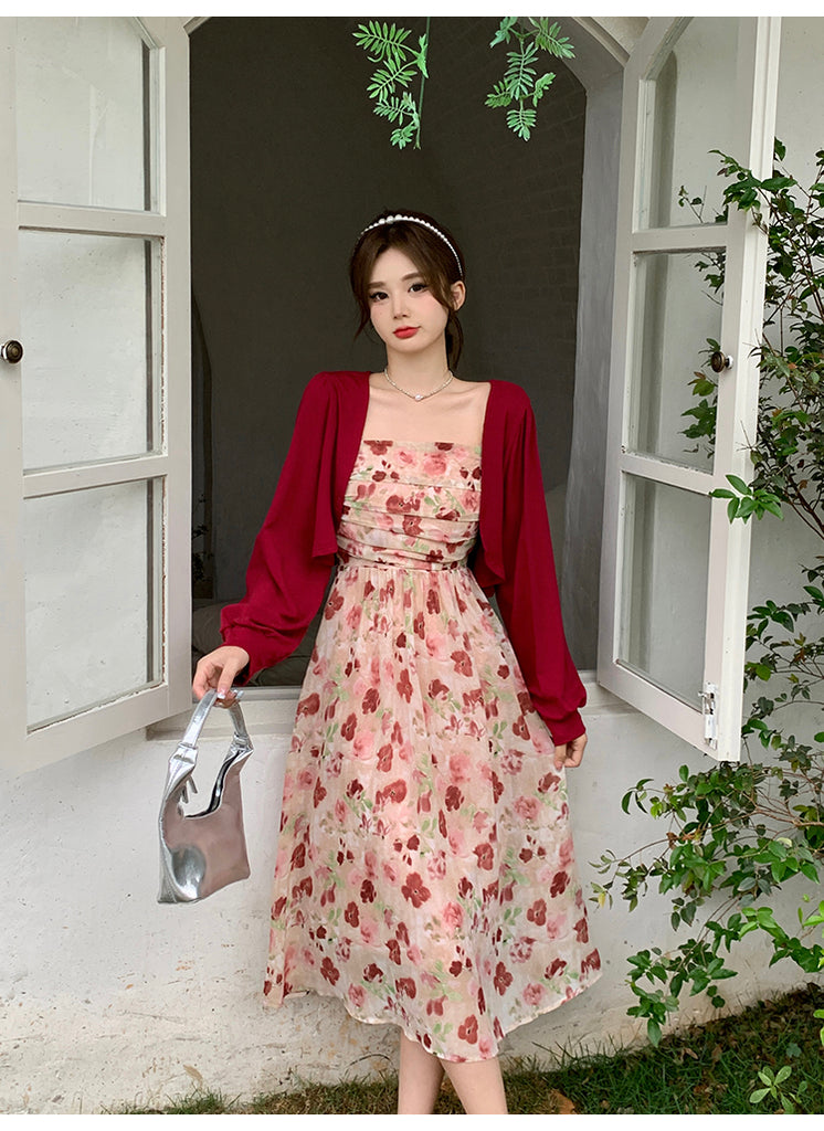 Plus Size Red Long Sleeve Cardigan and Romantic Floral Sleeveless Dress