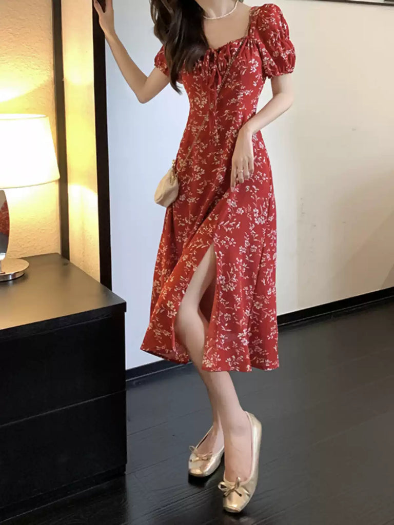 fitted lace wedding dress CurveWow Milkmaid Maxi Dress Red Paisley – Curvewow main image 1