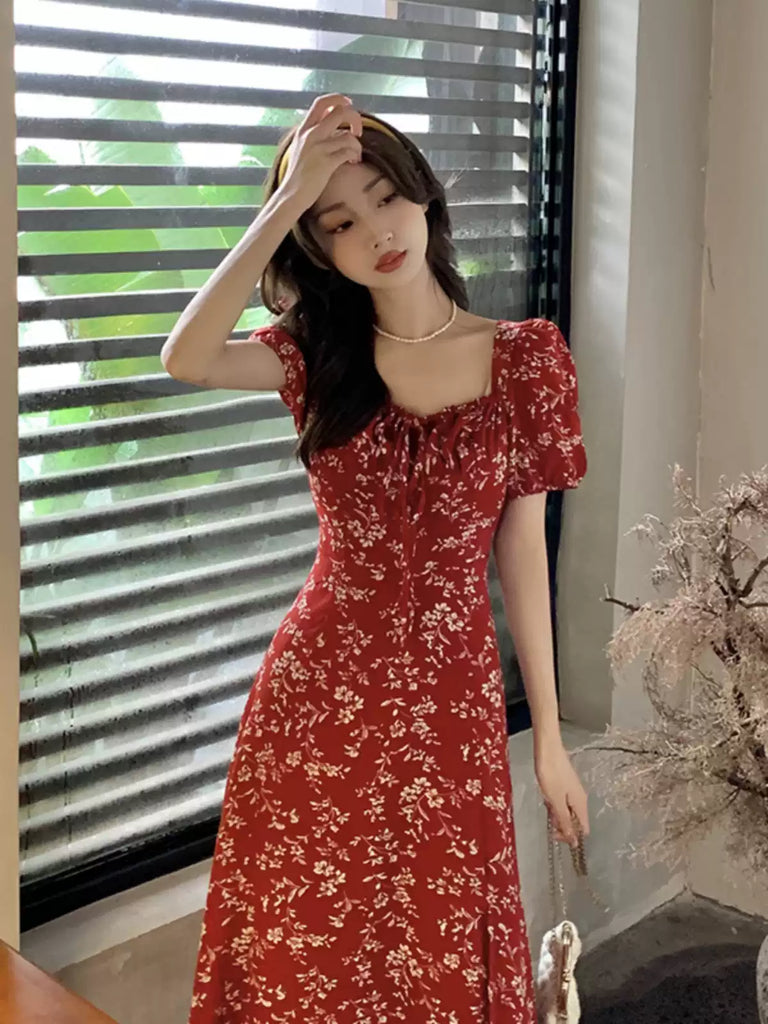 fitted lace wedding dress Red Floral Printed Frill Strap Midi Dress – AX Paris main image 1