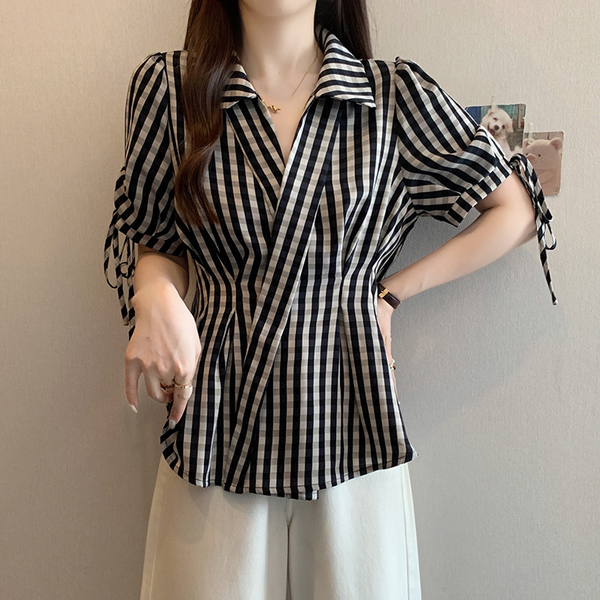 Plus Size Korean Wrap Checked Peplum Shirt