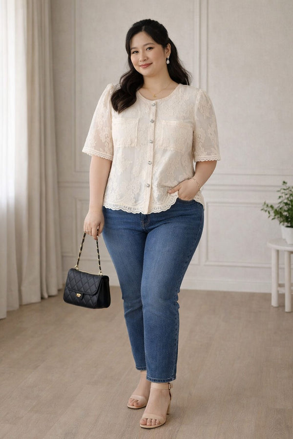 plus size beige lace button front blouse short sleeve front view