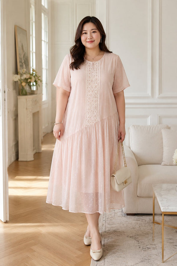 Plus Size Lace Chiffon Drop Waist Midi Dress – Pink & Black
