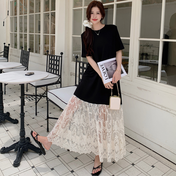 Plus Size Lace Hem T Shirt Dress