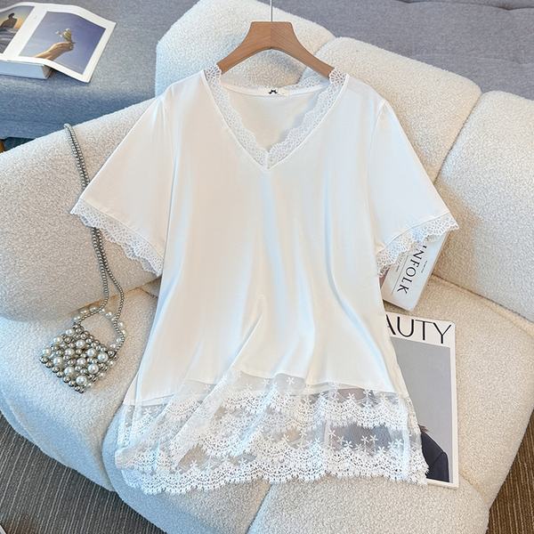 Plus Size Lace Hem V Neck White T Shirt