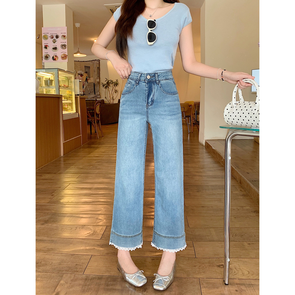 Plus Size Lace Hem Wide-Leg Jeans