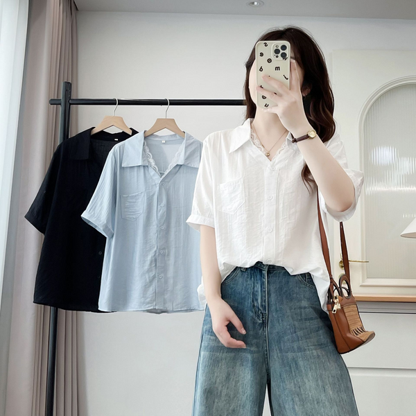 Plus Size Lace Layer Button Down Short Sleeve Shirt