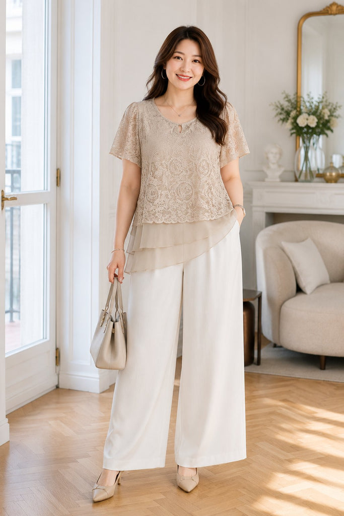 Plus size beige lace layer chiffon tunic blouse front view