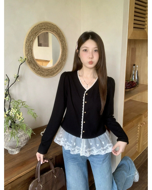 Plus Size Lace Trim Peplum Blouse – Long Sleeve Button Front