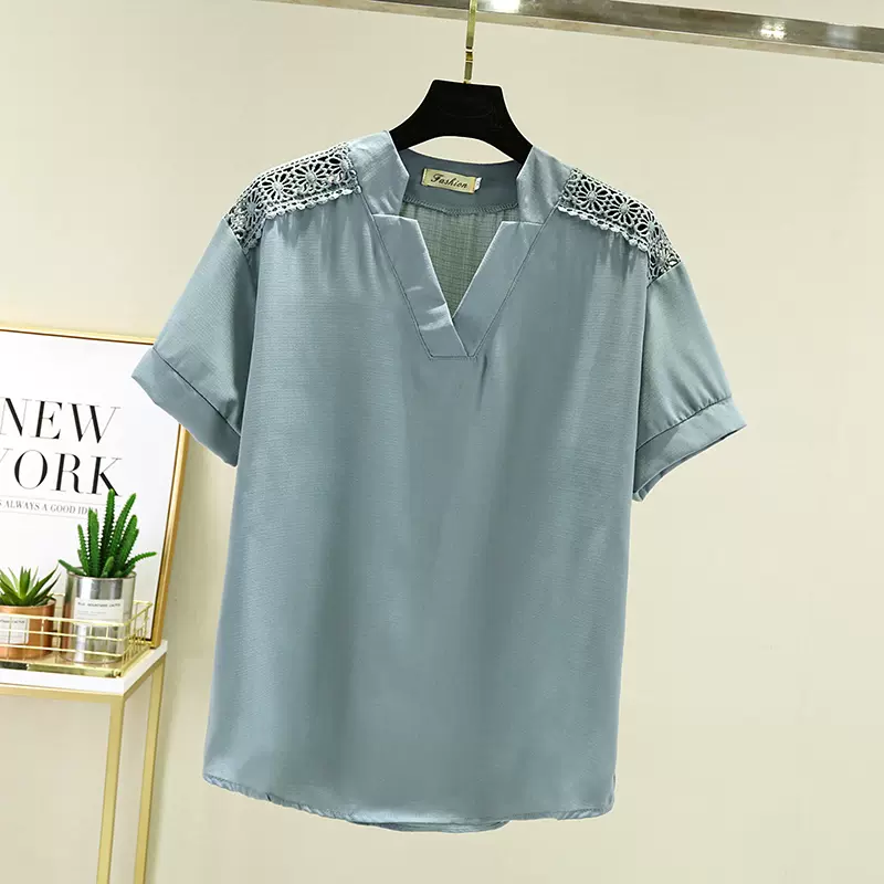 Plus Size Lace Shoulder Notch Neck Short Sleeve Top