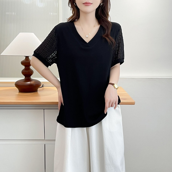 Plus Size Lace Sleeve V Neck Blouse