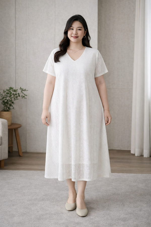 plus size white lace v neck a line midi dress relaxed shape