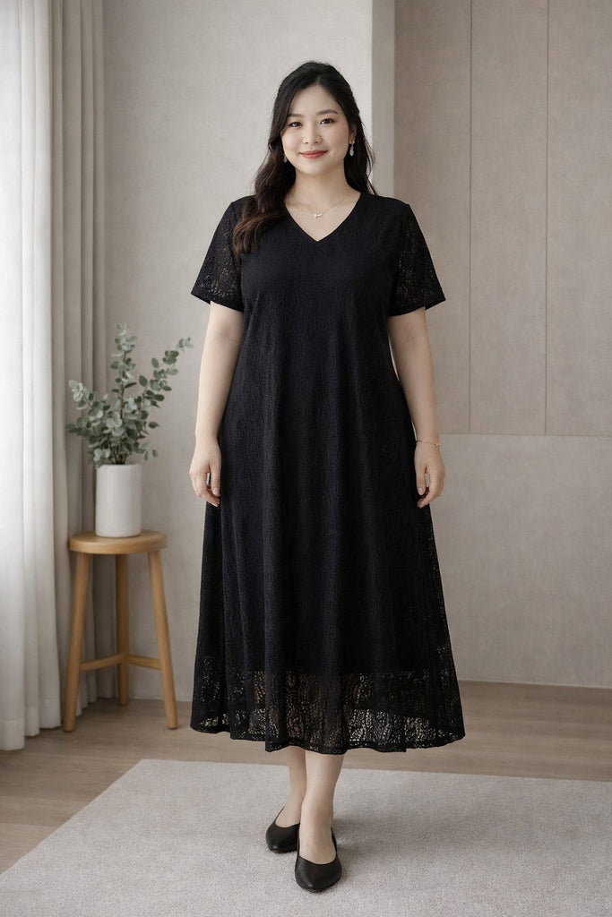 Plus Size A-Line Midi Dress – Lace V-Neck Short Sleeve – Pluspreorder