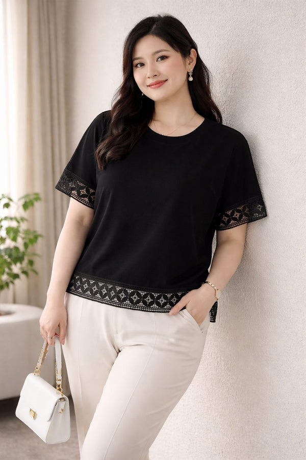 plus size black blouse lattice lace trim short sleeve front view