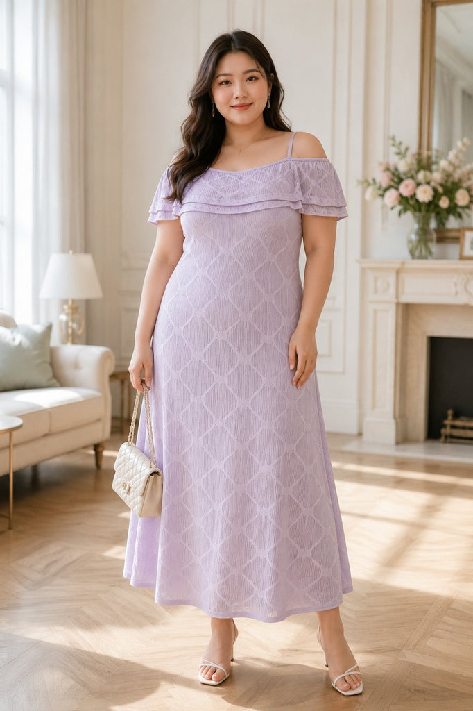 Plus Size Lavender Off Shoulder Textured Midi Dress – Pluspreorder