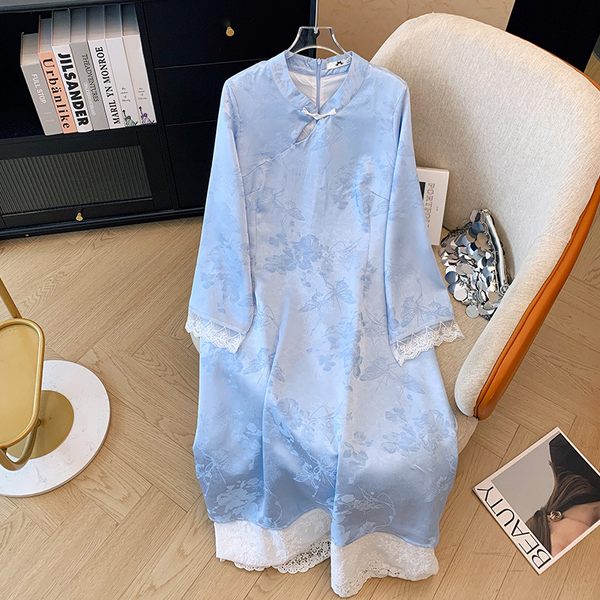 Plus Size Light Blue Chinese Cheongsam Dress (EXTRA BIG SIZE)