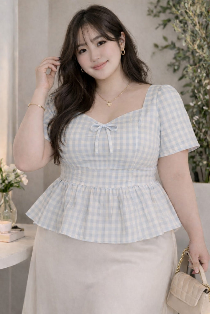 plus size blue gingham peplum blouse short sleeve front view