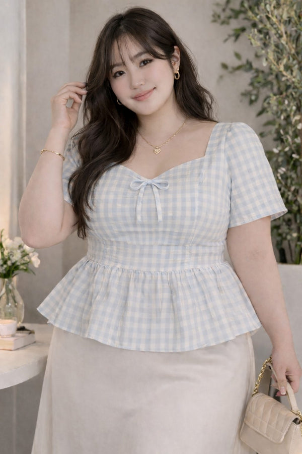 plus size blue gingham peplum blouse short sleeve front view