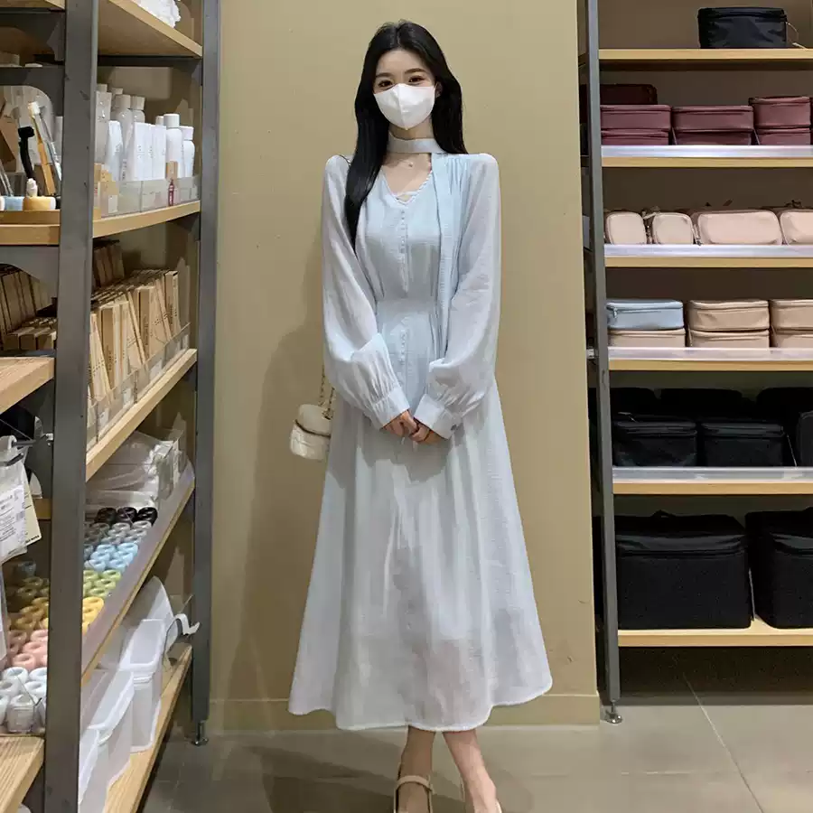 Plus Size Light Blue Long Sleeve Chiffon Dress With Scarf