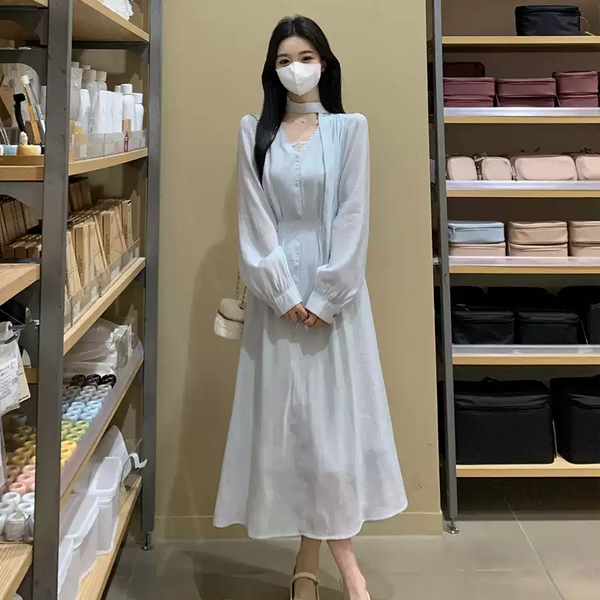 Plus Size Light Blue Long Sleeve Chiffon Dress With Scarf