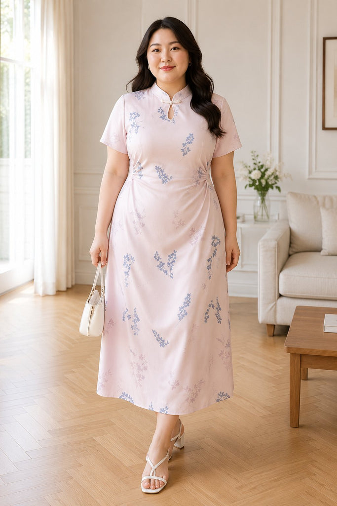 Plus size light pink floral qipao midi dress front view on model