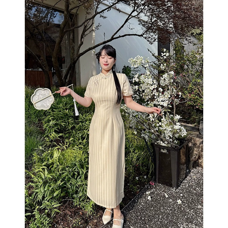 Plus Size Light Yellow Striped Qipao Dress