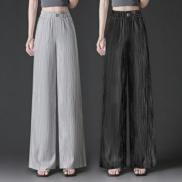 Plus Size Linen Vertical Stripes Wide Leg Pants