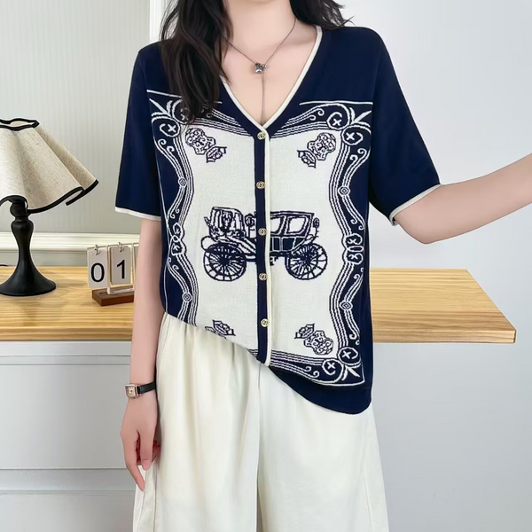 Plus Size Luxury Print V Neck Button Knit Sweater